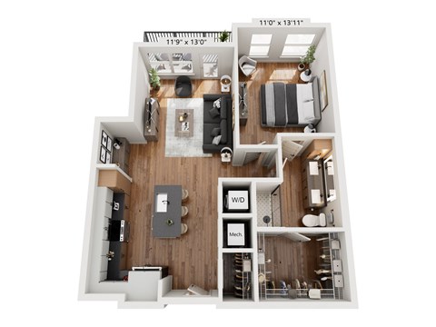 Floor plan for 1 bed, 1 bath, 818 sqft